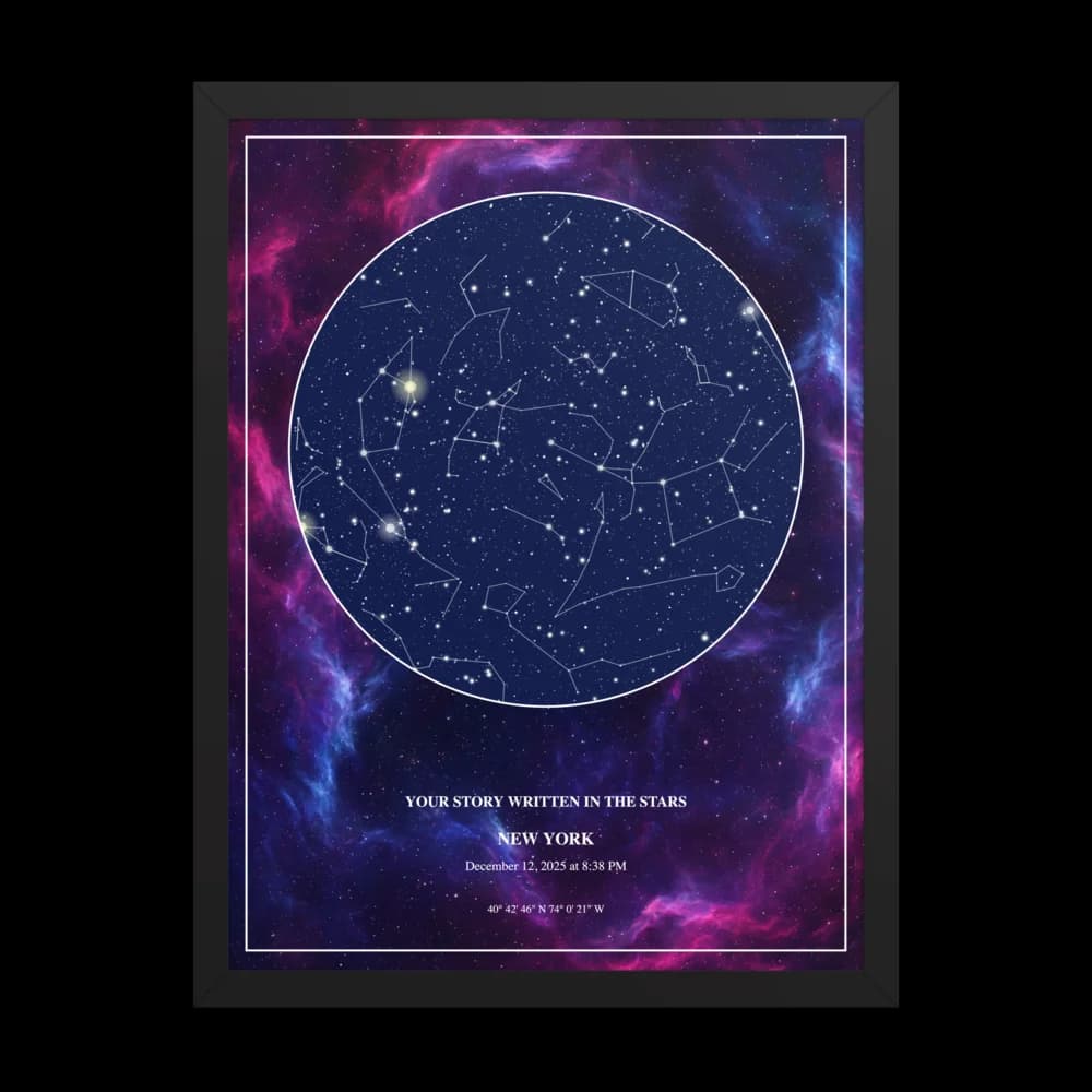 Deep Nebula star chart in a black frame, hanging on a lamplit wall