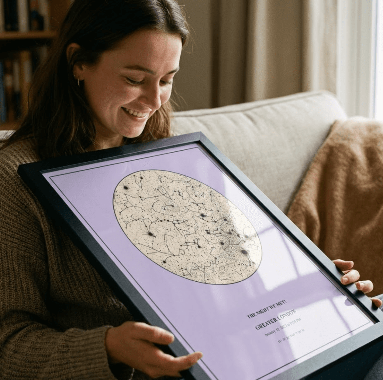 Customer Audrey holding her personalized 'The Night We Met' star chart