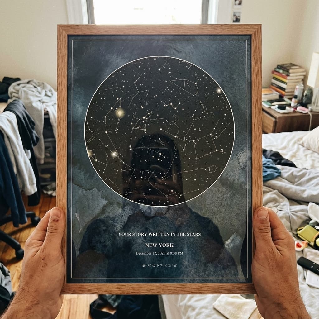 Happy customer holding their framed star chart
