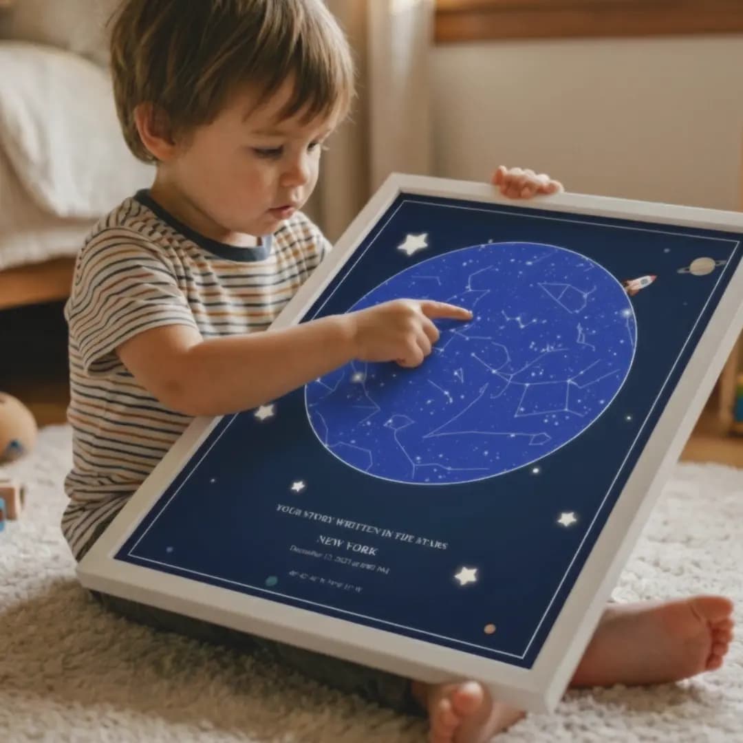 Child excited about astronaut-themed star chart in room